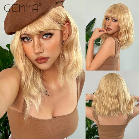 GEMMA Middle Length Red Brown Curly Wig with Bangs Synthetic Cosplay Wavy Natural Hair Wigs for Women Daily Heat Resistant Fibre