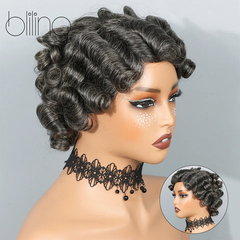 Salt and Pepper Pixie Cut Human Hair Wigs for Women Gray Hair Black Mixed With 60#Color for Daily Use Glueless Loose Wave Wigs