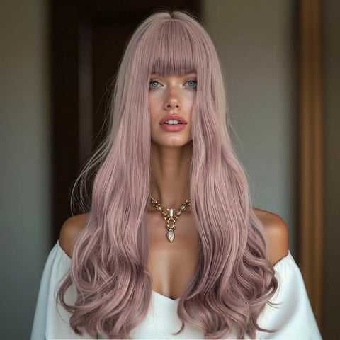 Fashion Purple to Gray Ombre Long Wavy Wig with Bangs for Women - 28 Inch Heat Resistant Synthetic Curls, Natural Style, Suitabl
