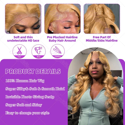 Brazilian #27 Honey Blonde 30 Inch Body Wave 13x4 Lace Front Human Hair Wig 13x6 HD Transparent Lace Frontal Wigs 200% For Women