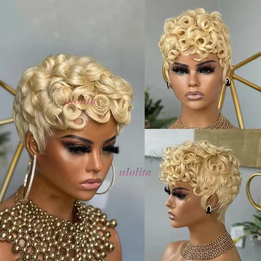 Deep Wave Wig Human Hair 613 Honey Blonde Short Pixie Cut Wig For Black Women Full Machine Made Curly Wigs Ginger Wig Human Hair