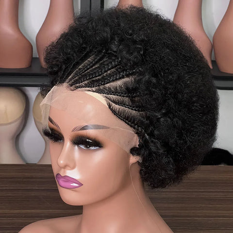 13x4 Lace Frontal Natural Black Afro Curly Human Hair with Braids for Black Women 6 Inches 100% Remy Hair Brazilian Hair Wig