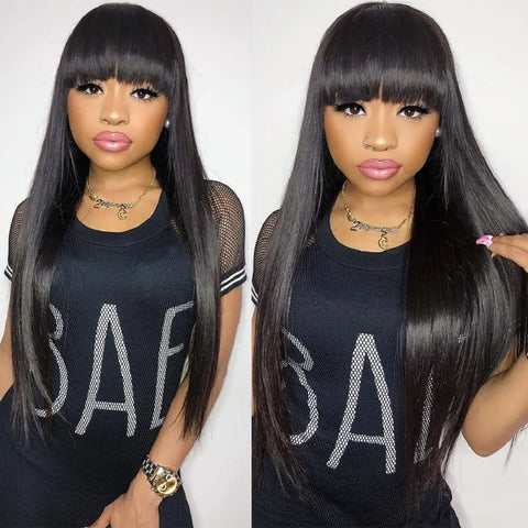 Straight Human Hair Wigs With Bangs Full Machine Made Wig Cheap Brazilian Hair Wigs Short Bob Wigs 250 Density Wigs