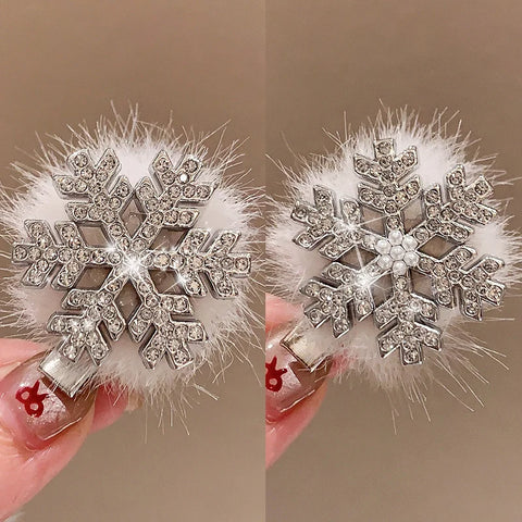 Winter Women Plush Fur Snowflake Hair Clips Sweet Exquisite Rhinestone Duckbill Hairpin Korea Fashion Christmas Hair Accessories