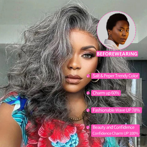 Salt and Pepper WigsGrey bob loose wave wigs Human Hair 6x6 Lace Front Wigs Human Hair Glueless Wigs Brazilian Virgin 14 inch