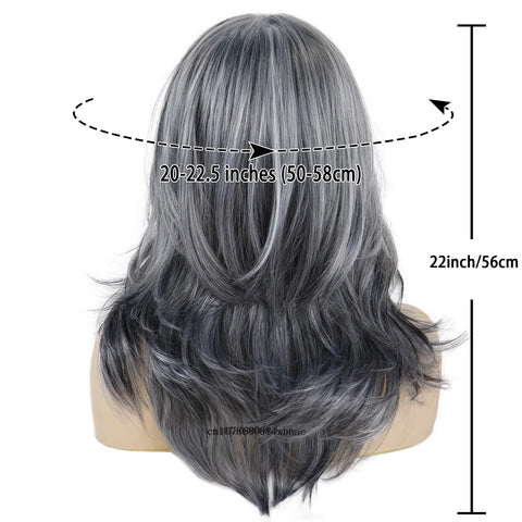 Grey Layered Long Synthetic Wigs with Bangs Silver Gray Wavy for Women Salt and Pepper Natural Looking Daily Use Heat Resistant