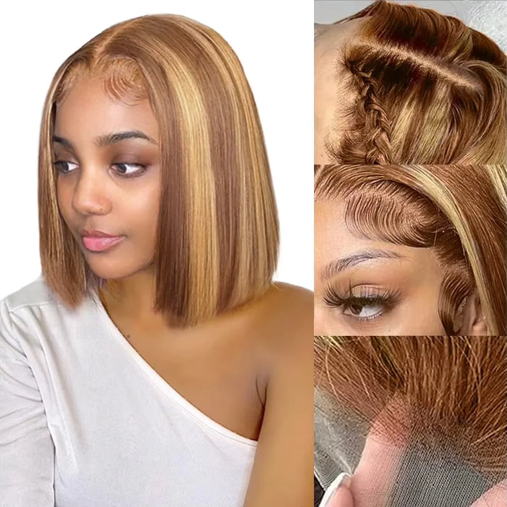 4/27 Highlight Bob Wigs Straight Lace Front Wig Human Hair Ombre Frontal Bob Wig Human Hair gluelss wear to go Ombre Brown Wig 1