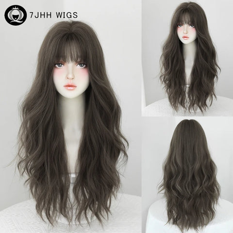 7JHH WIGS Honey Brown Wigs with Neat Bangs High Density Synthetic Loose Brown Hair Wig for Women Daily Use Beginner Friendly