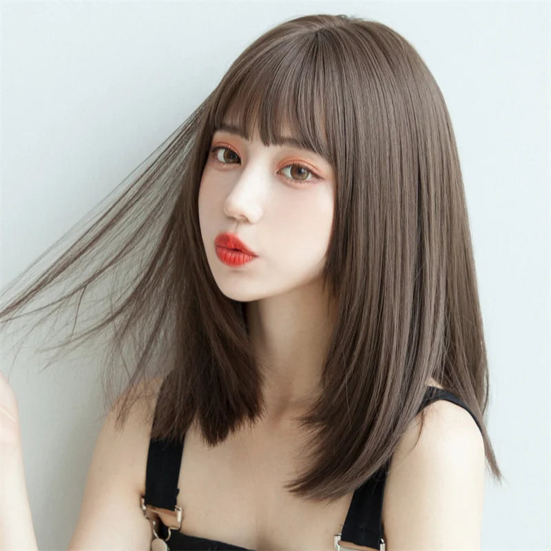Korea Style Hair Extensions Synthetic Fashion Young Female Wigs Breathable Head Cover Medium Length Straight Wig Hat for Women