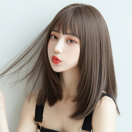 Korea Style Hair Extensions Synthetic Fashion Young Female Wigs Breathable Head Cover Medium Length Straight Wig Hat for Women