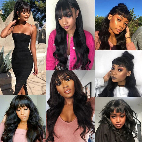30 inch Body Wave Human Hair Wigs with Bangs Full Machine Made Scalp Top Wig 180% Density Brazilian Remy Hair Fringe Bangs Wig