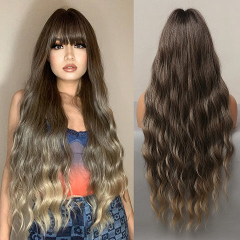 ALAN EATON Brown Highlight Synthetic Wigs with Bangs for Black Women Long Ombre Honey Brown Wave Wig Heat Resistant Hair Natural