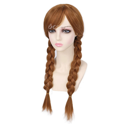 Synthetic Long Braided Brown Wigs with Bangs for Girls Anna Princess Wig Anime Cosplay Briad Wig for Halloween Christmas Party