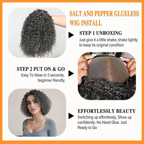 12inch Salt And Pepper Wigs Human Hair HD Grey Lace Front Wig Human Hair Pre Plucked Hairline Deep Curly Salt and Pepper Bog Wig