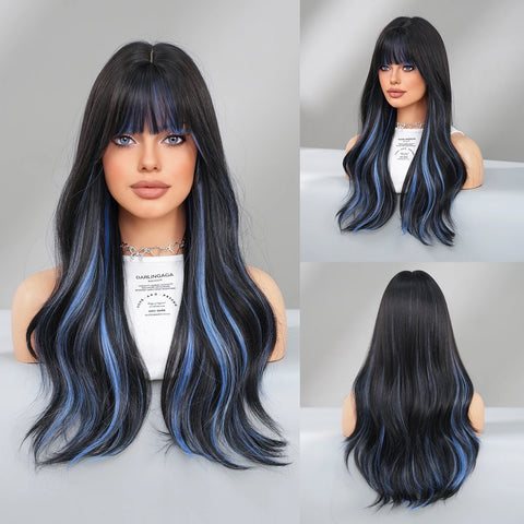 PARK YUN Costume Wig Long Wavy Brown Wig For Women Daily Party Dark Roots Synthetic Blonde Highlight Wigs High Density With Bang