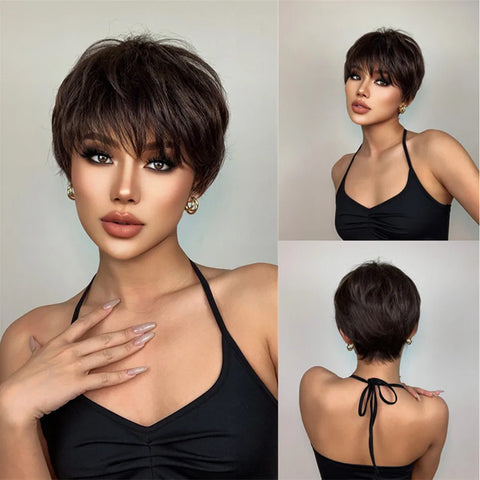 Pixie Cut Wigs for Women Natural Synthetic Short Black Layered Hair Wig with Fluffy Bangs Afro Daily Heat Resistant