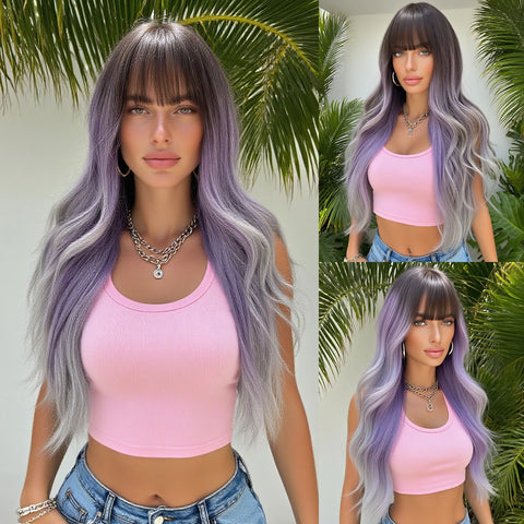 Fashion Purple to Gray Ombre Long Wavy Wig with Bangs for Women - 28 Inch Heat Resistant Synthetic Curls, Natural Style, Suitabl