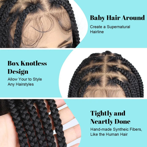 Synthetic Large Box Braided Wigs Jumbo Knotless 360° HD Full Lace Front Wigs For Black Women Jumbo Tribal Braids Faux Locs