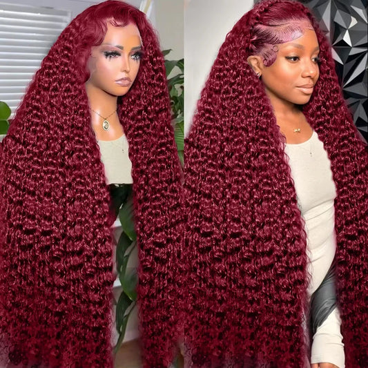 200 Density 13x4 Curly 99J Burgundy Colored Lace Front Wig 30 36 Inch Deep Wave 13x6 HD Lace Frontal Human Hair Wigs For Women
