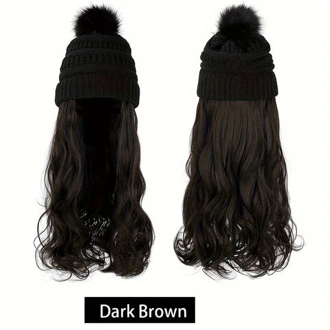 20inch Long Water Wavy Synthetic Hairpiece Beanie Hat - Woven Wigs with Knit Pom Cap and Warm Winter Design - Soft, Detachable,