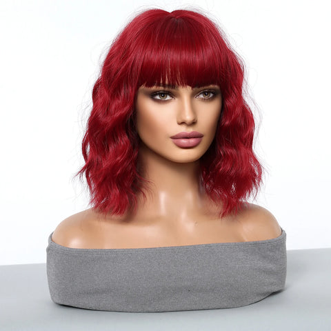 Christmas Short Curly Wavy Burgundy Wine Red Synthetic Wig Lolita Hair Wig with Bangs for Women Cosplay Party use Heat Resistant