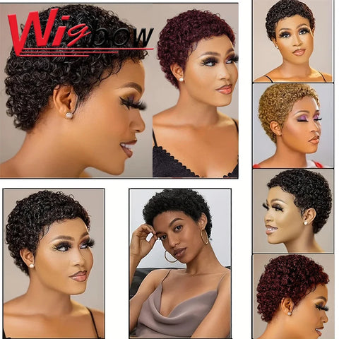 Short Afro Kinky Curly Hair Wigs For Black Women Human Hair African Fluffy Wig With Bangs Brazilian Pixie Cut Wigs Machine Made