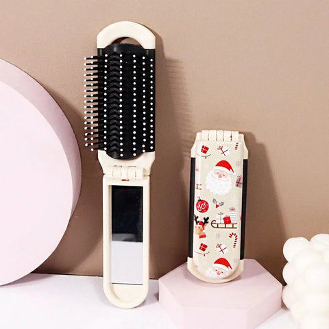 1pc Compact portable folding mirror comb with Christmas element pattern, perfect gift for Christmas Special for real hair wigs