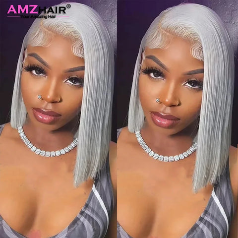 Silver Grey Lace Front Short Bob Wig Grey Straight 13x4 Lace Transparent Front Wigs Human Hair For Black Women 10 12 14 16 Inch