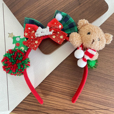 1 senior Christmas plush teddy bear headband with red and green plaid bow, Christmas hat and scarf, winter celebration
