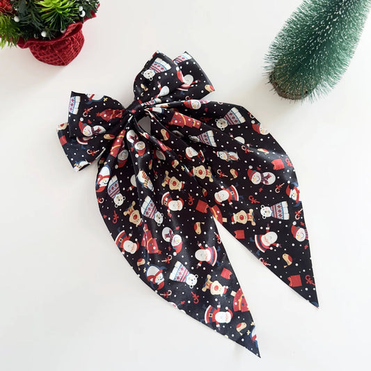 1PC Christmas Bow Hair Accessories Set, Festive Satin Snowflake/Santa Print Hair Bows,Red Green Holiday Hair Decor,Elegant Xmas