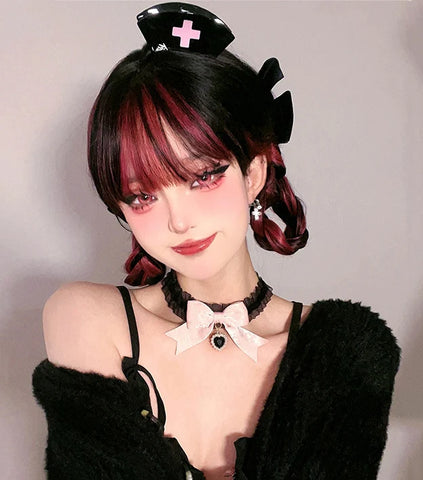 FOELISEE Synthetic 23inch Wig With Bangs Long Straight Black Highlight Red Wig For Women Cosplay Party Christmas Wig