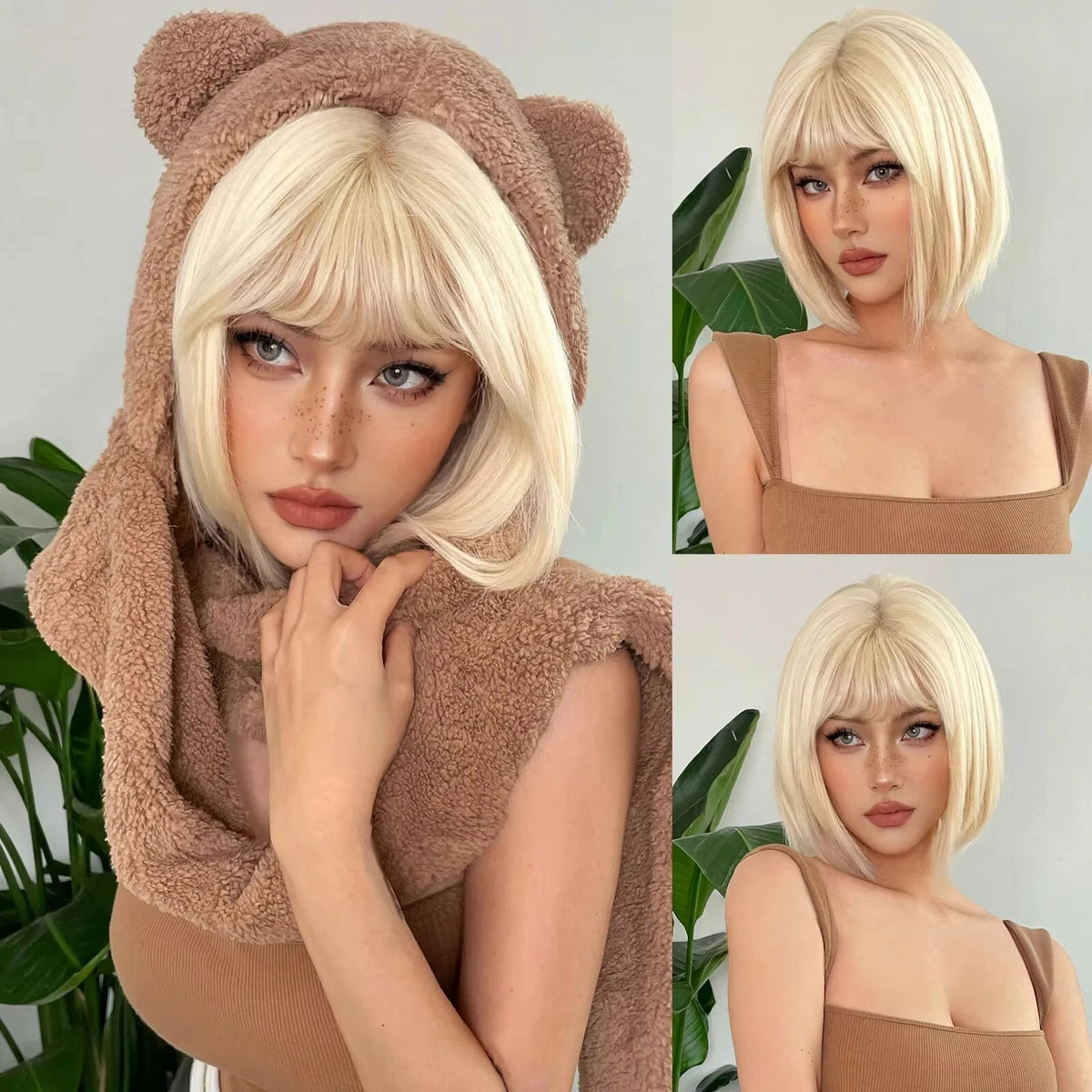 Short Straight Bob Light blonde synthetic wig Ladies straight bangs Hot silk wig Christmas party Cosplay daily wear wig