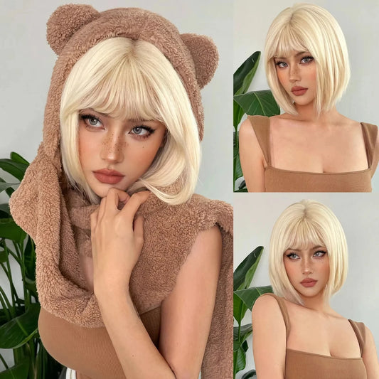 Short Straight Bob Black synthetic wig with fringe Ladies High temperature silk wig Christmas party Cosplay daily wear wig