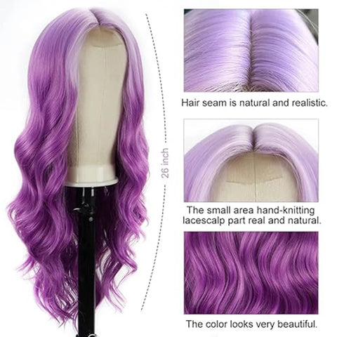 Long Wavy Purple Wigs for Women Synthetic Ombre Purple Curly Wavy Wig 26 Inch Middle Part Heat Resistant Wig  (Ombre Purple)