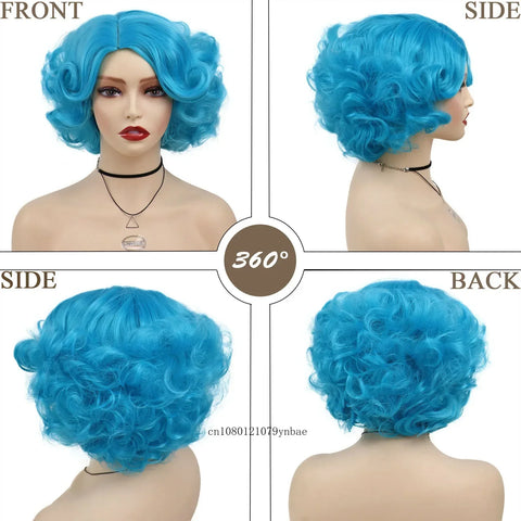Synthetic Blue Short Big Curly Wigs for Women Girls Layered Wavy Bob Wig Cosplay Carnival Party Costume Halloween Lolita Wigs