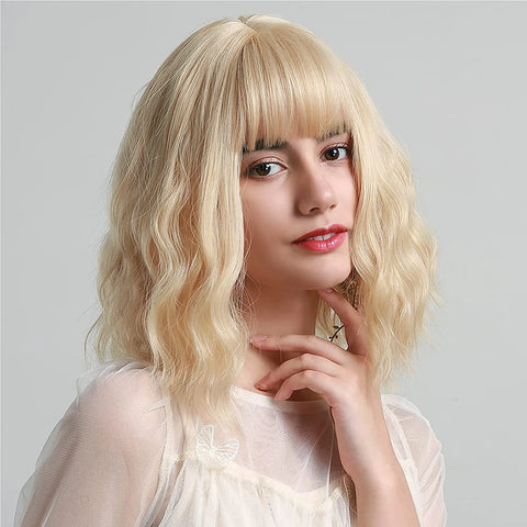 14 Inch Pastel Synthetic Short Wig With Bangs Shoulder Length Wavy Costume Natural Colorful Premium Cosplay For Girls Women