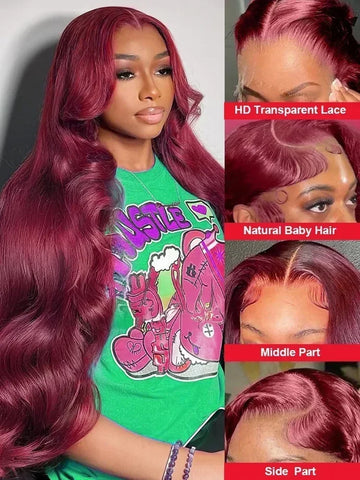 250 Density 99J Burgundy Body Wave 13x4 Lace Front Wig 13x6 Human Hair HD 30 40 Inch Lace Frontal Wigs Red Water Wave Brazilian