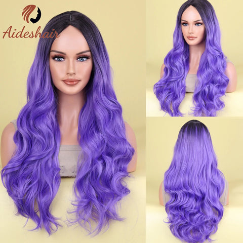 Aideshair Cosplay Wig Christmas Purple Half Pink Synthetic hair Wigs with Bangs for Black White Woman Heat