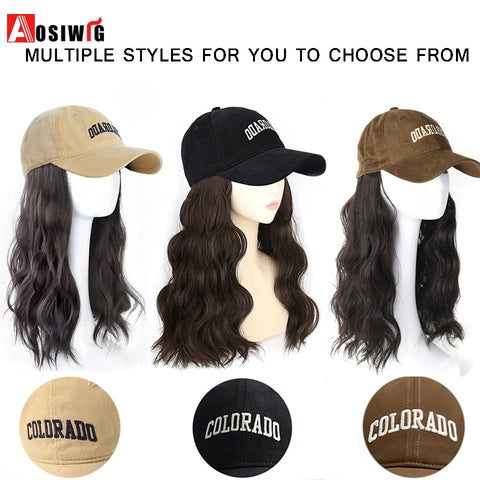 Long Wavy Synthetic Wig Baseball Rice White Cap With Hair Extensions Hat Wigs Natural Black Connect Wig Adjustable For Women