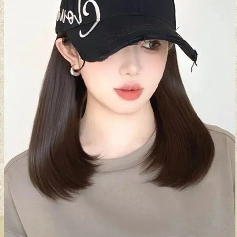 Korean Style Hat Wig Integrated Romantic Casual Face Slimming Long Curling Natural Comfortable Hair for Women