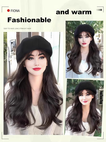 synthetic 16 inch black beret big wave long curly wig water wave baseball cap duck tongue hat fisherman hat Hat Wig Christmas