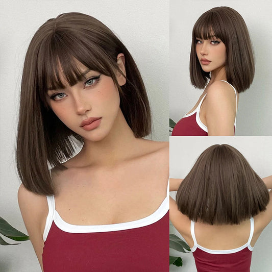 Light Brown Synthetic Wigs Straight Short Bob Cut with Bangs Wig for White Women Korean Daily Party Cosplay Heat Resistant Hair
