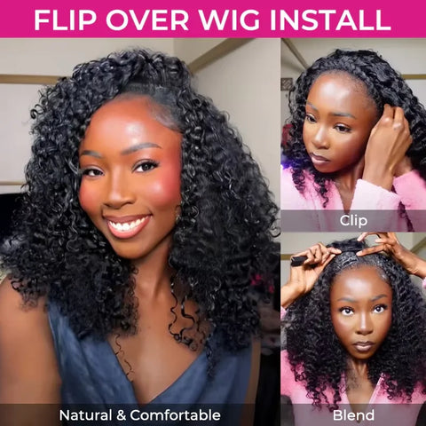 3 IN 1 Half Wig Human Hair 220 Density Deep Wave Wig Human Hair Ready to Wear 3 IN 1 Half Wig With Drawstring Half Wig