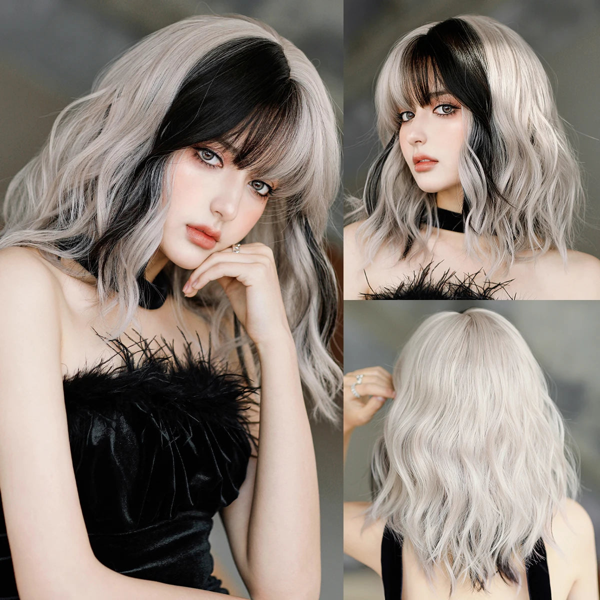 7JHH WIGS Long Wavy Pink Wigs for Women Daily Party Costume Synthetic Hair Wig with Bangs Halloween Costume Carnival Lolita Wig