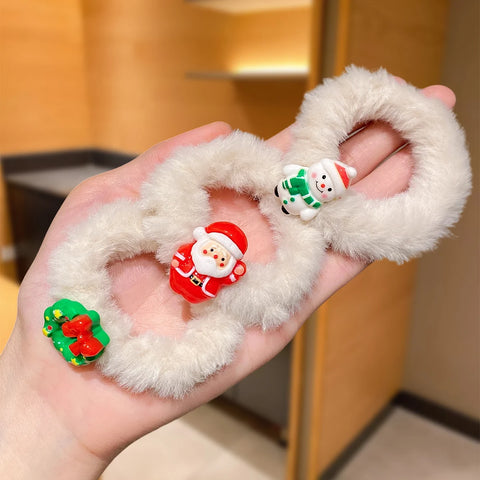6Pcs Plush Hair Ties for Girls Christmas Theme Design including Santa Claus Snowman Fashionable Winter Hair Accessories Gift