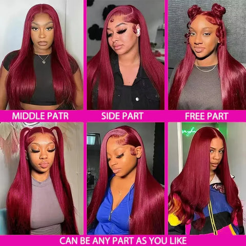 13x6 Glueless Burgundy 99J Lace Front Wig Pre Plucked Brazilian Bleached Red Colored Straight Lace Frontal Wig 100% Human Hair