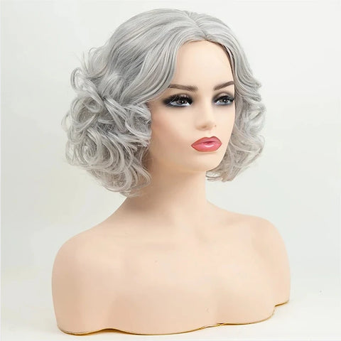 HAIRJOY Gray Wigs for Women Older Silver Grey Short Curly  Bob  Synthetic Hair Wigs