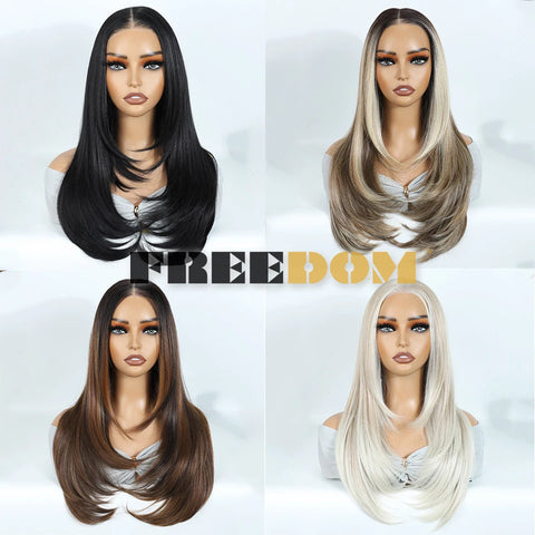 Synthetic Lace Front Wigs For Black Woman Layered Straight Wear and Go Glueless Wigs Ombre Brown T Part & 6x4 Pre Plucked Wig