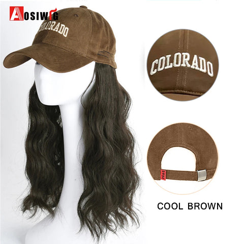 Long Wavy Synthetic Wig Baseball Rice White Cap With Hair Extensions Hat Wigs Natural Black Connect Wig Adjustable For Women