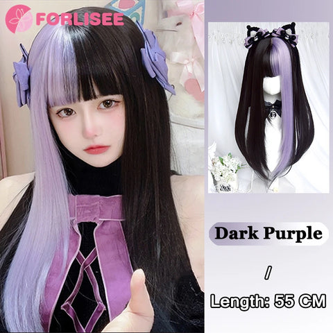 FORLISEE Ombre Black Pink Synthetic Wigs For Cosplay Long Straight Layered Wigs With Bangs For Women Heat Resistant Fake Hair